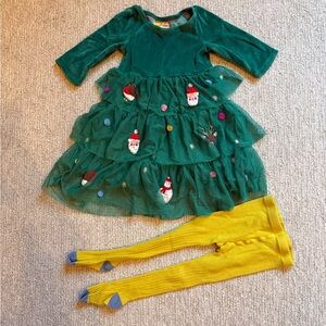 Mini Boden Festive Green Dress with Yellow Tights - Size 2-3T